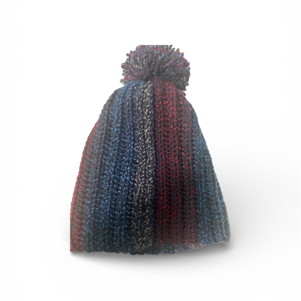 Multicolor Hand Knit Beanie with Pom-Pom